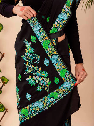 Black Midnight Garden Sozni Embroidered Pure Crepe Saree
