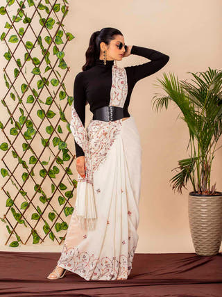 Ivory Khadi Cotton Saree Delicately Sozni Embroidered