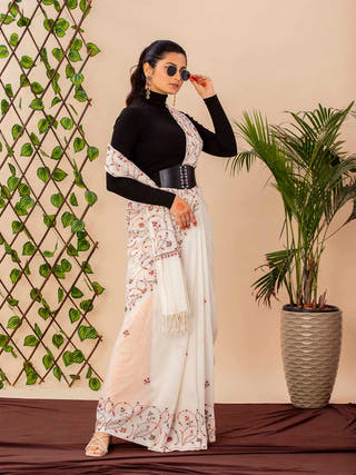 Ivory Khadi Cotton Saree Delicately Sozni Embroidered