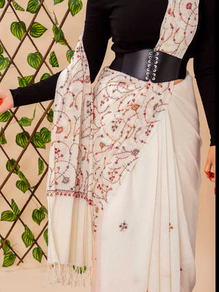 Ivory Khadi Cotton Saree Delicately Sozni Embroidered