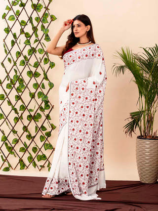 Bliss In Ivory White Cotton Khadi Sozni Embroidered Saree
