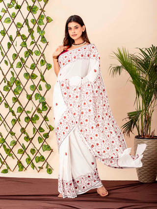 Bliss In Ivory White Cotton Khadi Sozni Embroidered Saree