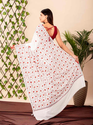 Bliss In Ivory White Cotton Khadi Sozni Embroidered Saree