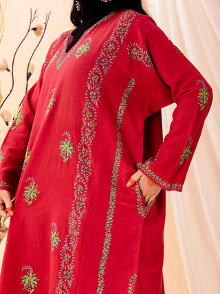 Red Woollen Sozni Embroidered Pheran