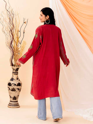 Red Woollen Sozni Embroidered Pheran