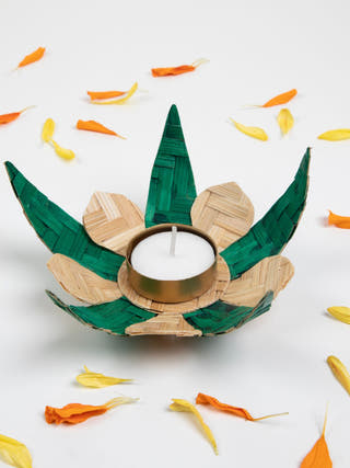 Mango Leaf Handcrafted Bamboo Tea Light Holder - Set of 2