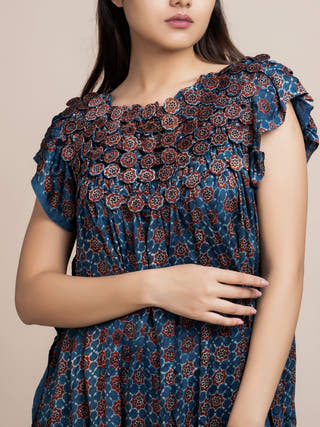 Ajrakh Modal Silk  Dress Indigo Flourish