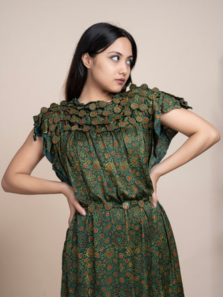 Ajrakh Modal Silk Dress Olive Green Flourish