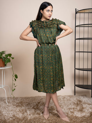 Ajrakh Modal Silk Dress Olive Green Flourish