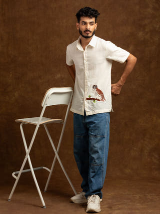 Brown Wood Owl Hand Embroidered Shirt
