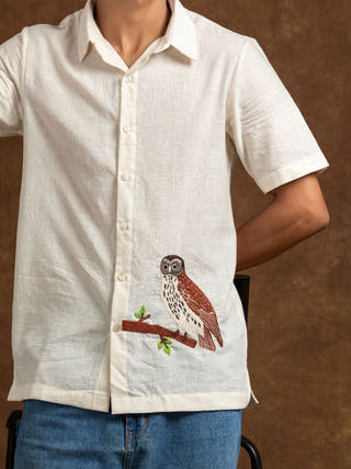 Brown Wood Owl Hand Embroidered Shirt
