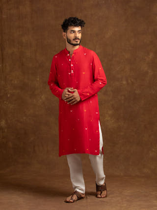 Red Oleander Hand Woven Jamdani Cotton Men's Kurta