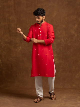 Red Oleander Hand Woven Jamdani Cotton Men's Kurta