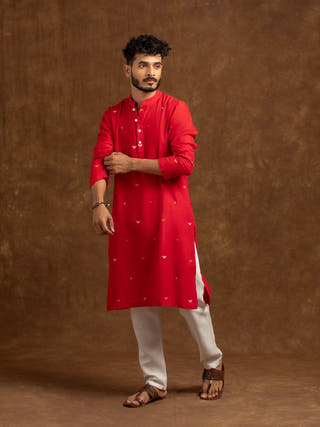 Red Oleander Hand Woven Jamdani Cotton Men's Kurta