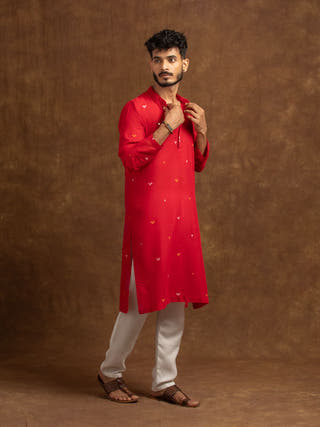 Red Oleander Hand Woven Jamdani Cotton Men's Kurta