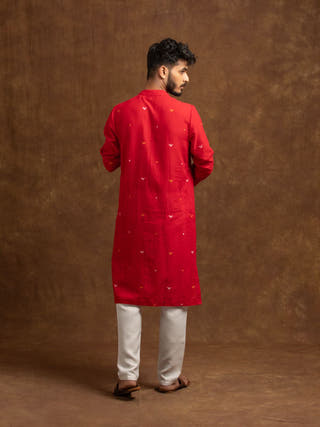 Red Oleander Hand Woven Jamdani Cotton Men's Kurta