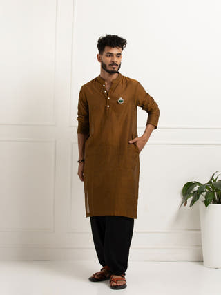 Mustard Hand Woven Cotton Men's Kurta