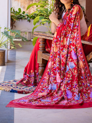 Aari Work Kashmiri Crepe Saree Red Forsarees