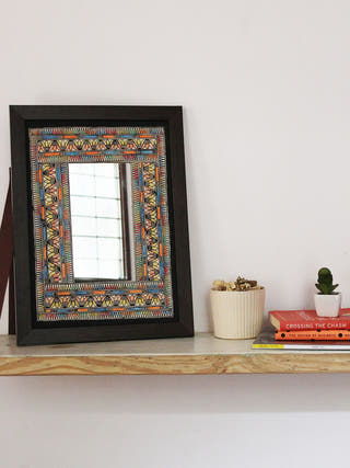 Madhubani Lotus Border Multi Hand-painted on Handmade Paper Wall Frame