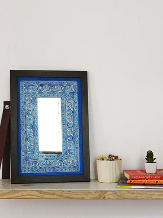 Madhubani Buds Blue' Hand-painted on Handmade Paper Wall Frame Studio Moya