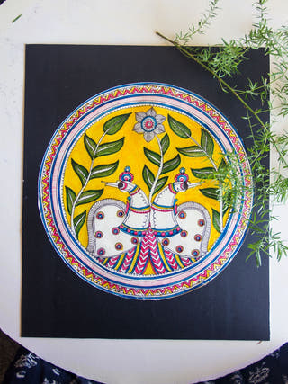 Twin Peacocks Hand-painted On Leather Painting Wall Art