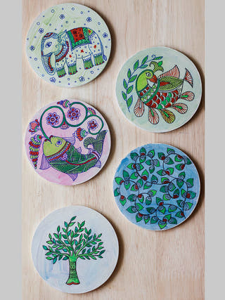 Madhubani Motifs' Hand-painted On Wood Circular Wall Art Studio Moya