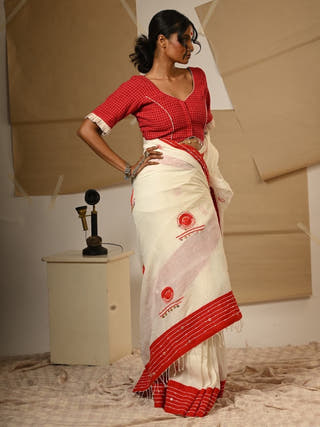 White Embroidery Bindi Mul Saree