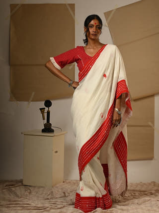 White Embroidery Bindi Mul Saree