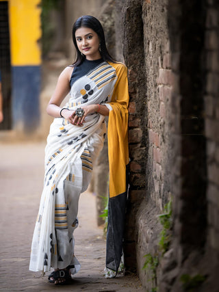 Yellow Black Geometry   Saree SoulWeaves