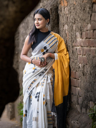 Yellow Black Geometry   Saree SoulWeaves