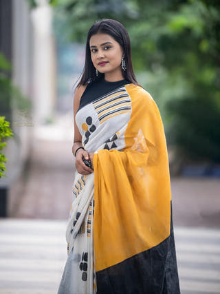 Yellow Black Geometry   Saree SoulWeaves