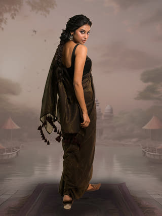 Zari Mridang Dark Brown Handloom Mul Cotton Saree