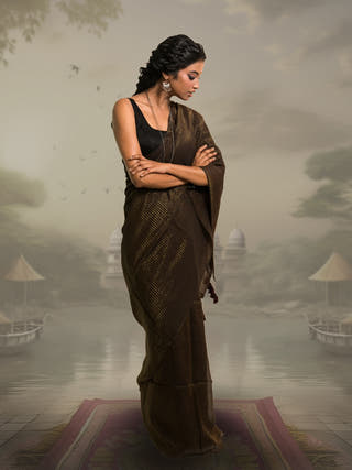 Zari Mridang Dark Brown Handloom Mul Cotton Saree