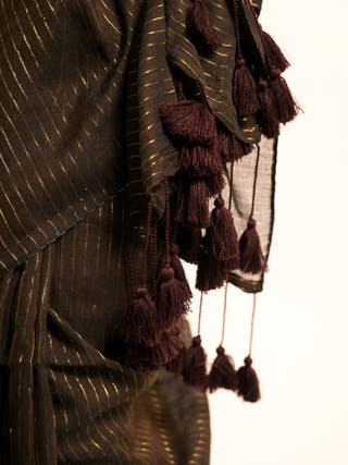Zari Mridang Dark Brown Handloom Mul Cotton Saree