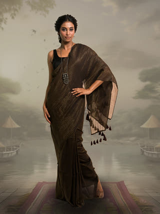 Zari Mridang Dark Brown Handloom Mul Cotton Saree