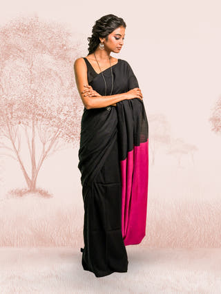 Zindagi Ki Safar Black Handloom Cotton Acrylic Saree
