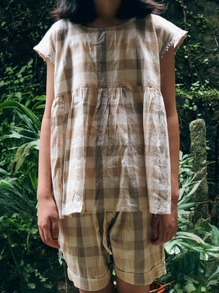 Morning Mist Beige Off White Checks Handwoven Cotton Flowy Top