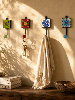 Khoonti – Set of Metal And Blue Pottery Wall Hooks