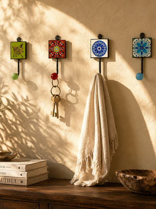 Khoonti – Set of Metal And Blue Pottery Wall Hooks
