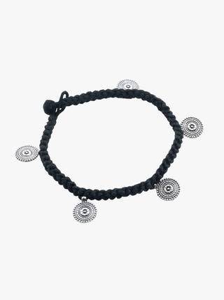AnkletBlack Patwa Thread Anklet with Silver - Toned Coin CharmsKaladoraFlourish Planet