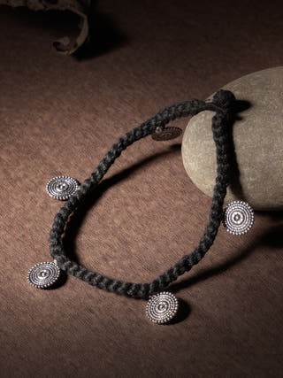 AnkletBlack Patwa Thread Anklet with Silver - Toned Coin CharmsKaladoraFlourish Planet