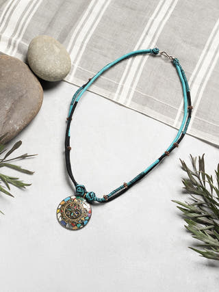 NecklaceBlack & Turquoise Patwa Thread Necklace with Multicolor Mosaic PendantKaladoraFlourish Planet