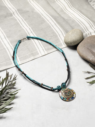 NecklaceBlack & Turquoise Patwa Thread Necklace with Multicolor Mosaic PendantKaladoraFlourish Planet