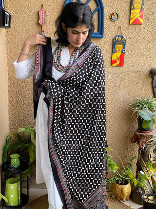 Ajrakh Silk Dupatta Black ForSarees