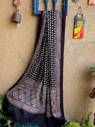 Ajrakh Silk Dupatta Black ForSarees