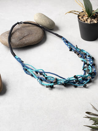 NecklaceBlue & Black Patwa Thread Necklace with Natural Wood AccentsKaladoraFlourish Planet