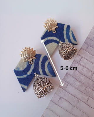 Indigo Blue Stripped Fabric Lotus Jhumka Earrings