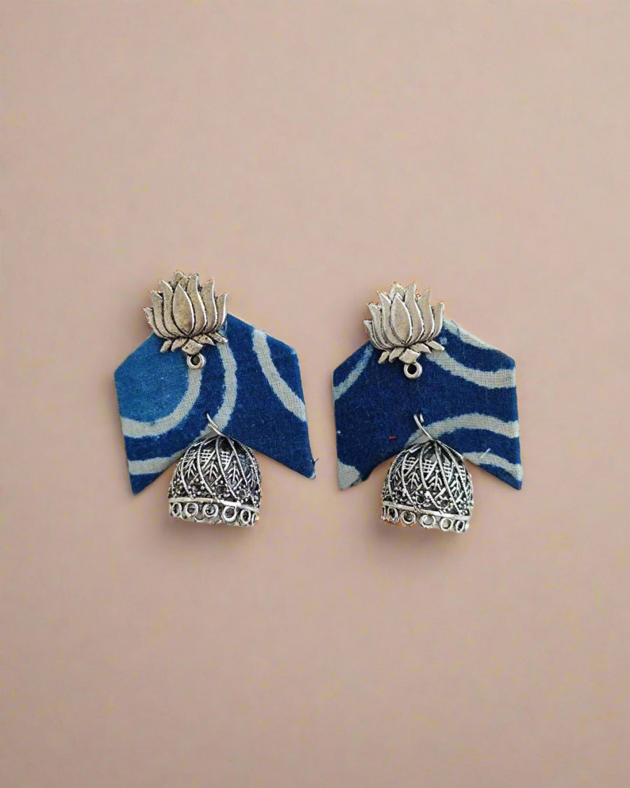 Indigo Blue Stripped Fabric Lotus Jhumka Earrings image 2