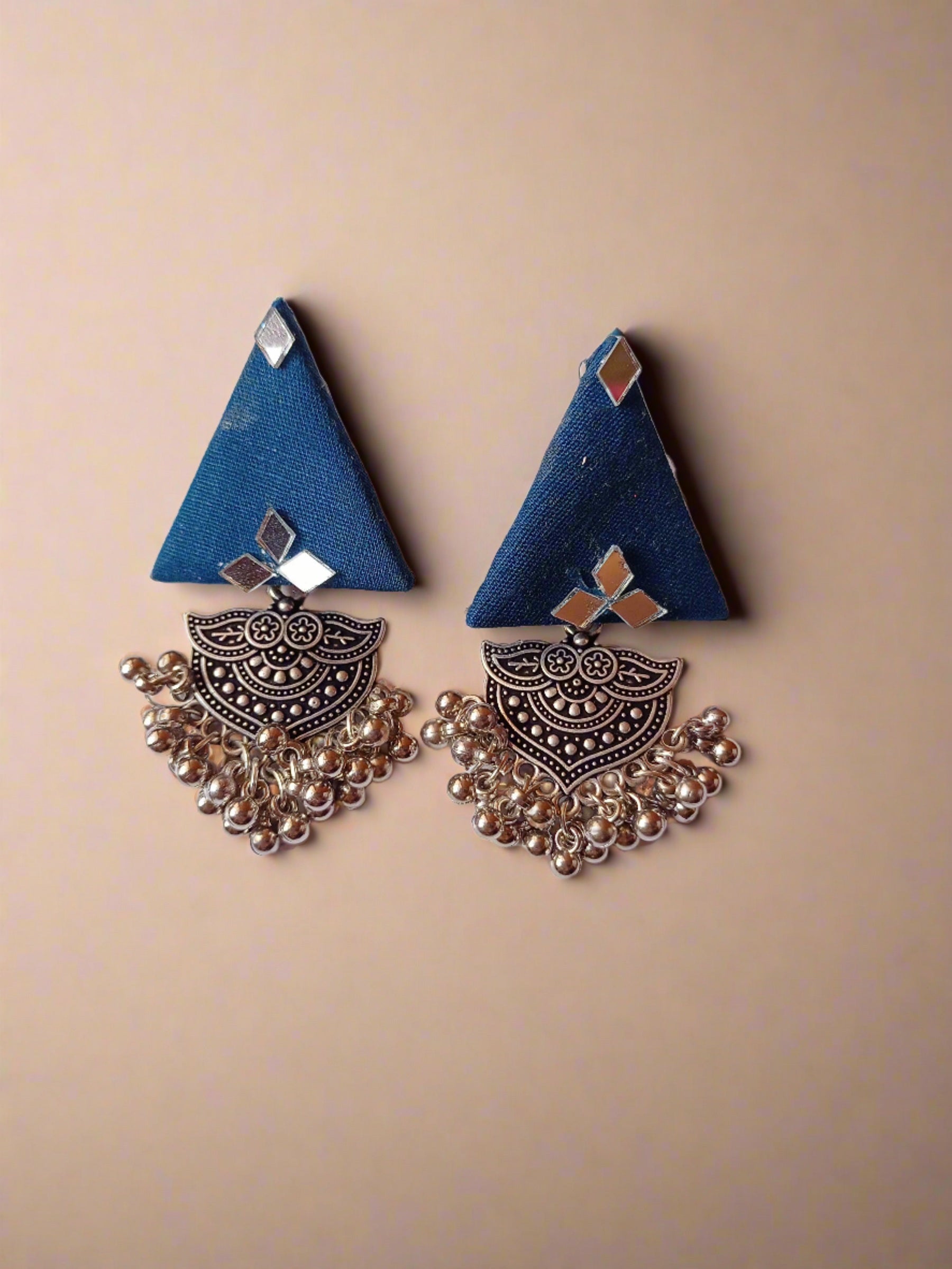 Blue Mirror Jhumka Earrings With Silver Accent image 2