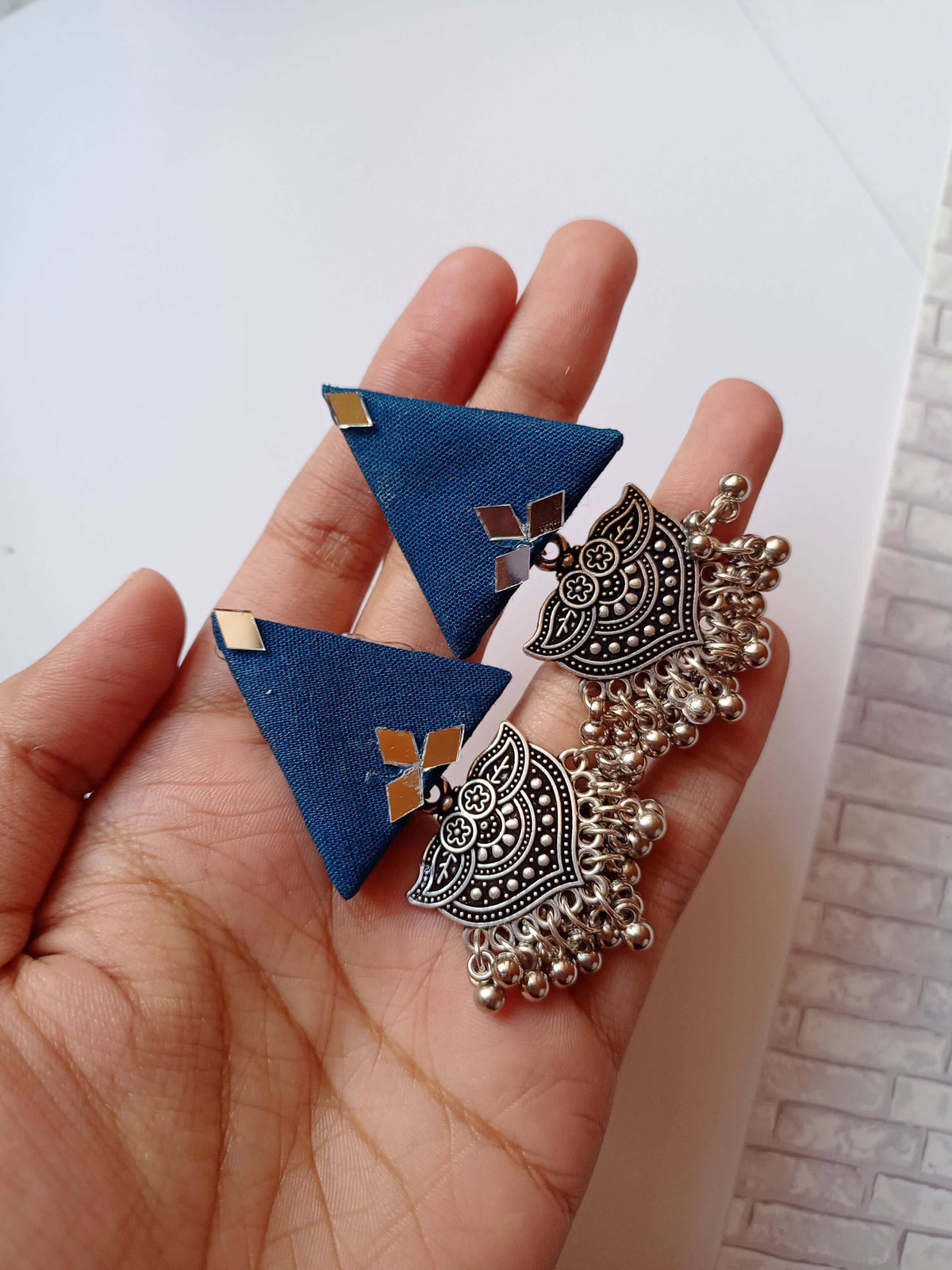 Blue Mirror Jhumka Earrings With Silver Accent image 1